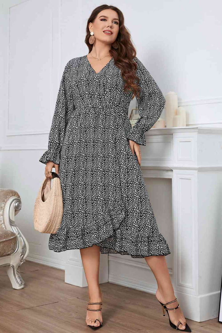 Melo Apparel Plus Size Printed V-Neck Flounce Sleeve Midi Dress |1mrk.com