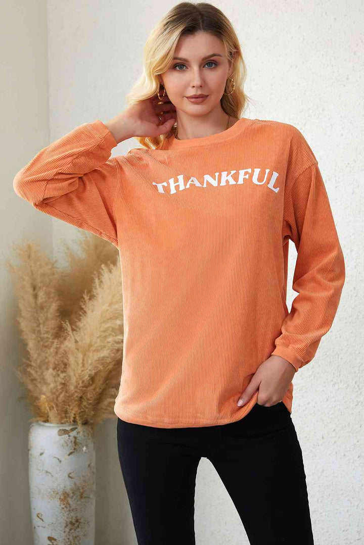 Round Neck Dropped Shoulder THANKFUL Graphic Sweatshirt |1mrk.com