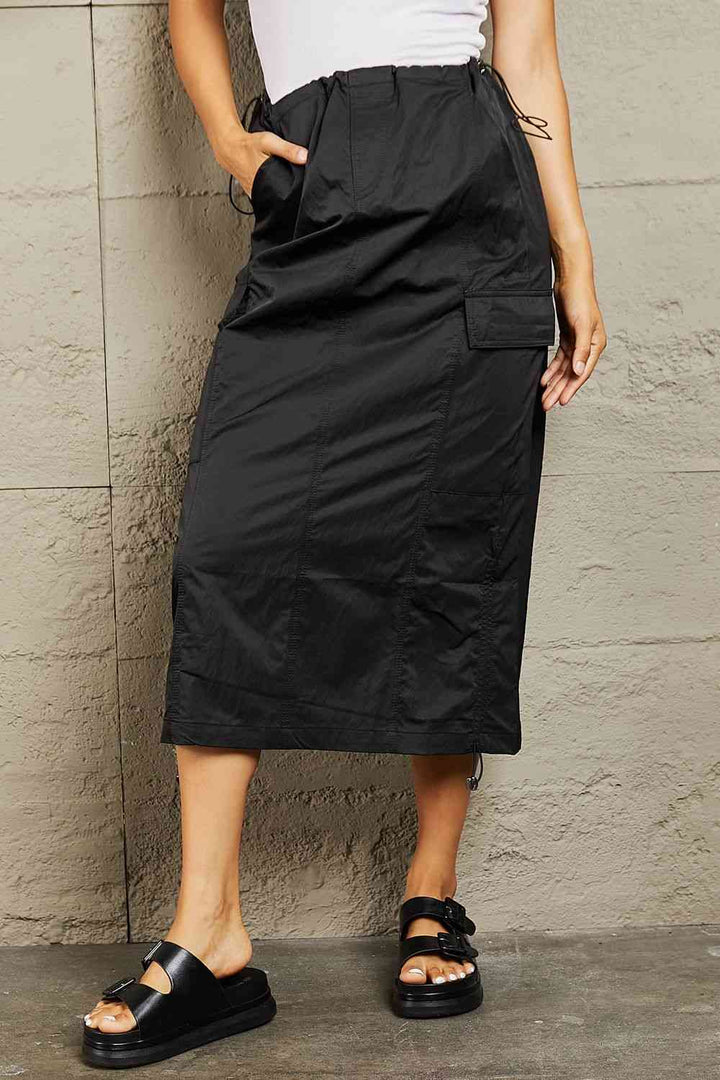 HYFVE Just In Time High Waisted Cargo Midi Skirt in Black |1mrk.com