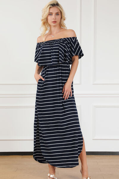 Striped Off-Shoulder Slit Dress |1mrk.com