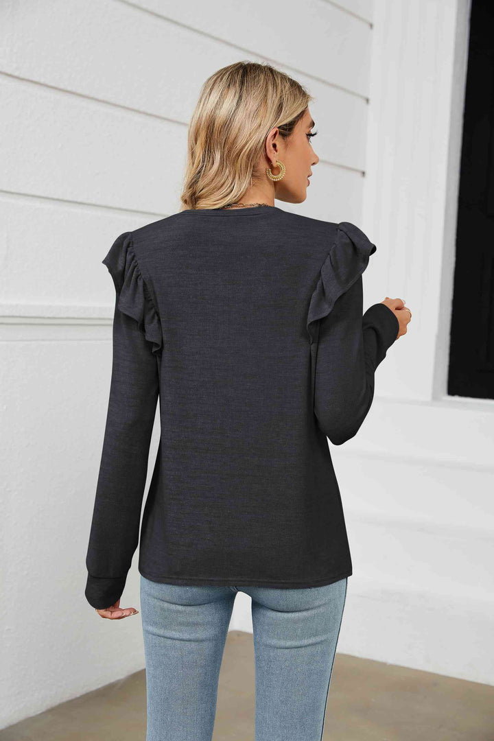 Ruffle Shoulder Long Sleeve T-Shirt | 1mrk.com