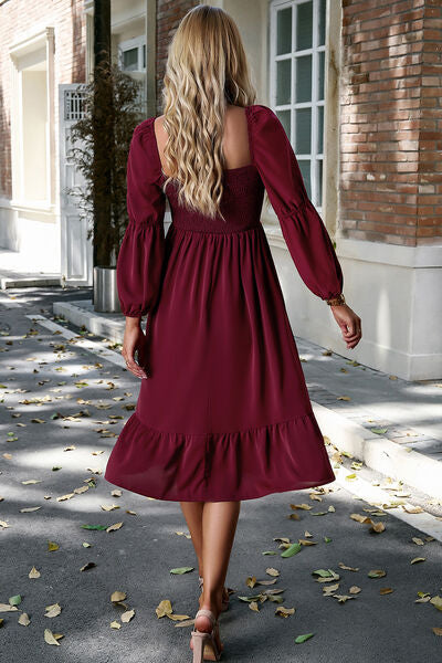 Square Neck Balloon Sleeve Midi Dress |1mrk.com