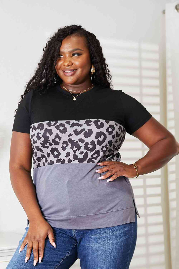 Double Take Leopard Print Color Block Short Sleeve T-Shirt | 1mrk.com