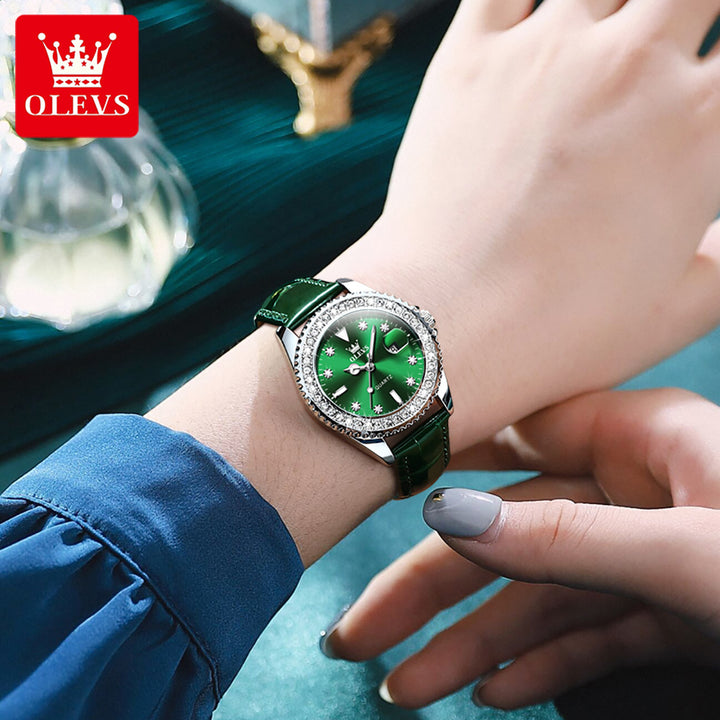 OLEVS 9945 Fashion Quartz Ladies Wristwatch Green Rose Gold SteeL OLEVS