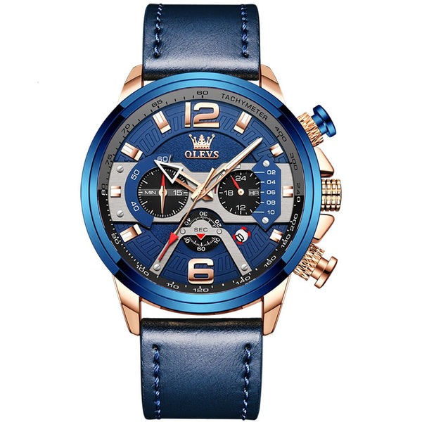 OLEVS 9915 Watches for Men Blue Luxury Leather Casual Sport | 1mrk.com