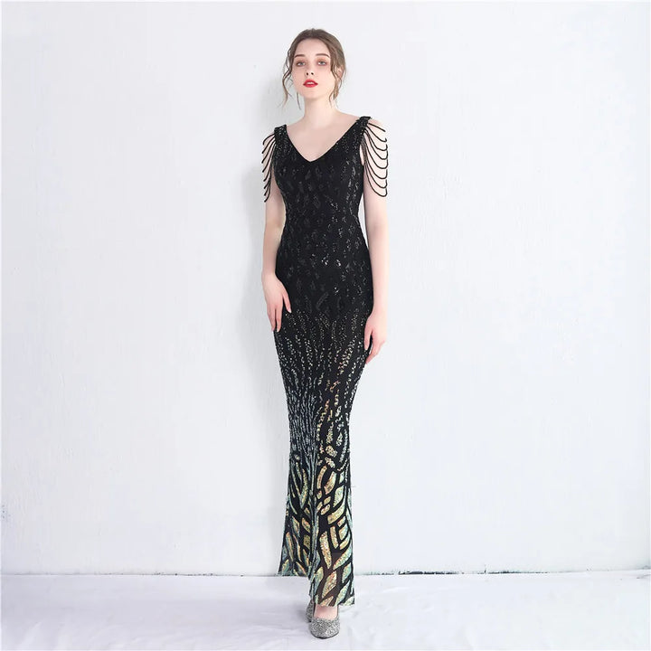 New Fashion Women's Sexy Deep V Neckline sequin evening dresses |1mrk.com