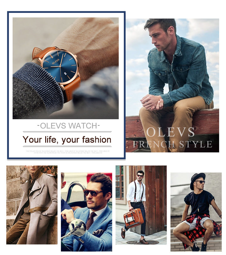OLEVS 5869 Brand Watch Mens New Fashion Sports Style Genuine Leather olevs