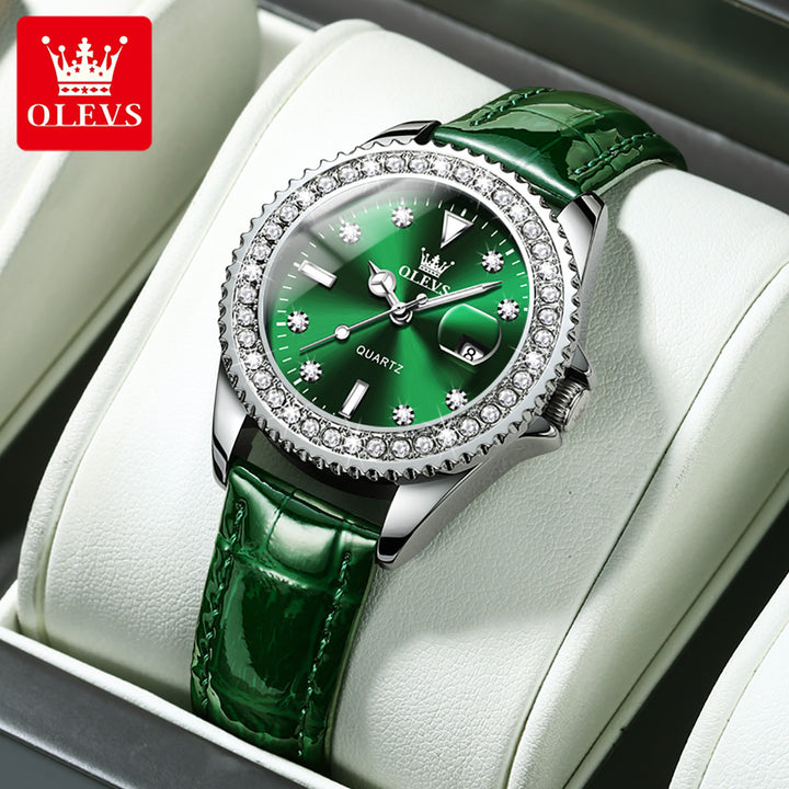 OLEVS 9945 Fashion Quartz Ladies Wristwatch Green Rose Gold SteeL | 1mrk.com