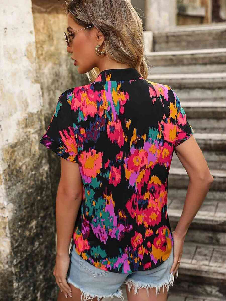 Printed Notched Neck Short Sleeve Blouse | 1mrk.com