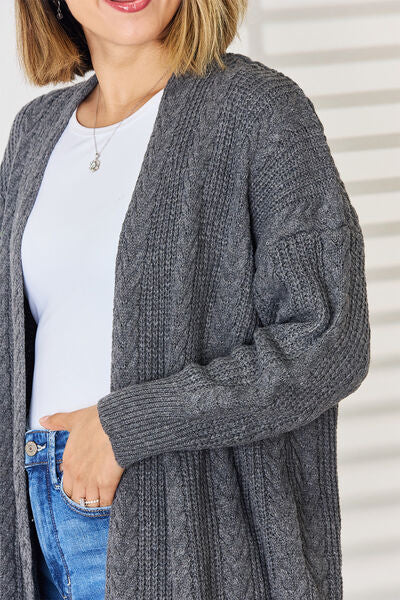 Cable-Knit Open Front Dropped Shoulder Cardigan | Trendsi