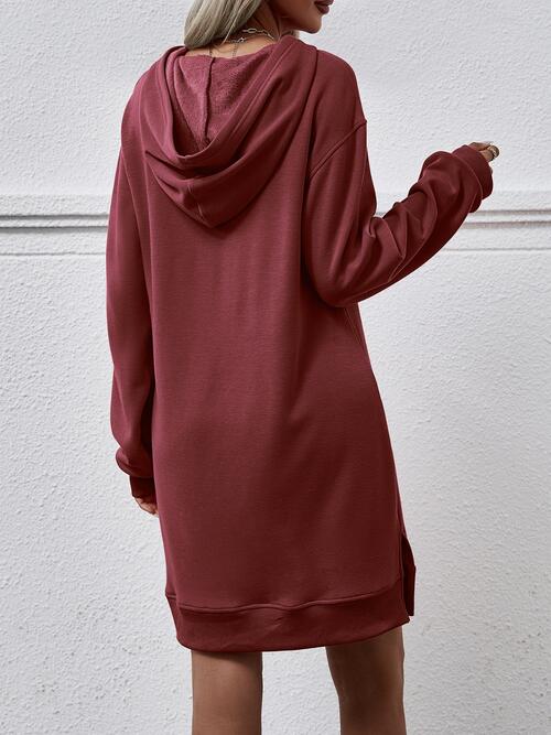 Slit Long Sleeve Hooded Dress with Pocket | 1mrk.com