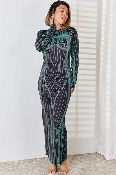 Cutout Round Neck Long Sleeve Maxi Dress |1mrk.com