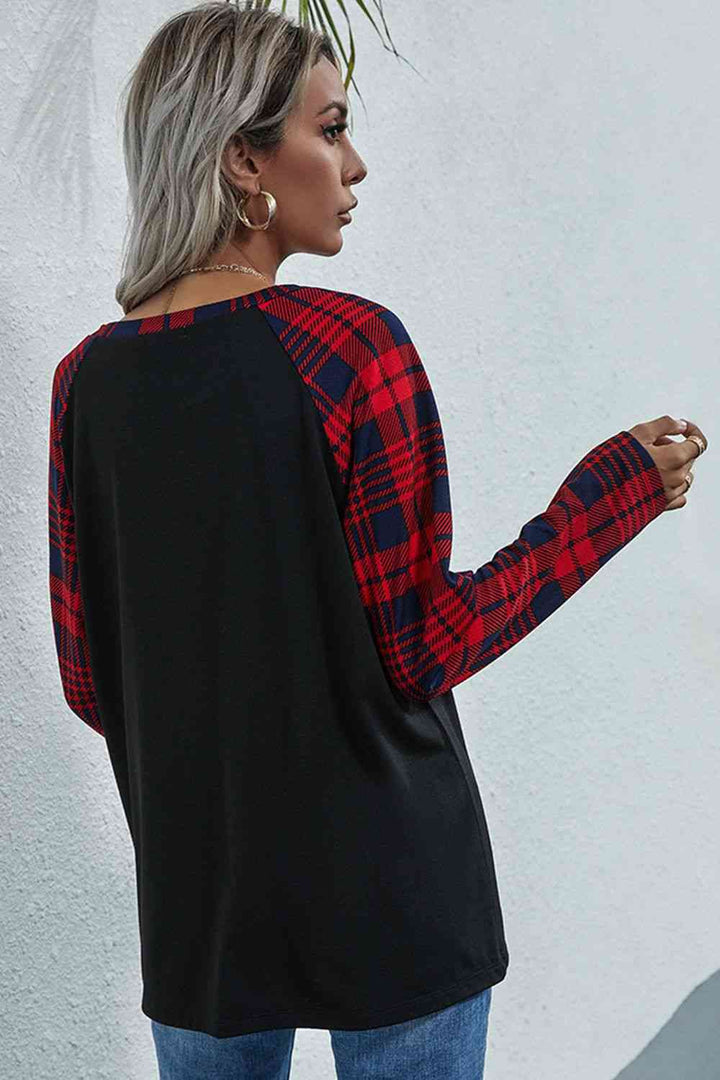 Double Take Plaid Print Long Raglan Sleeve Tee | 1mrk.com