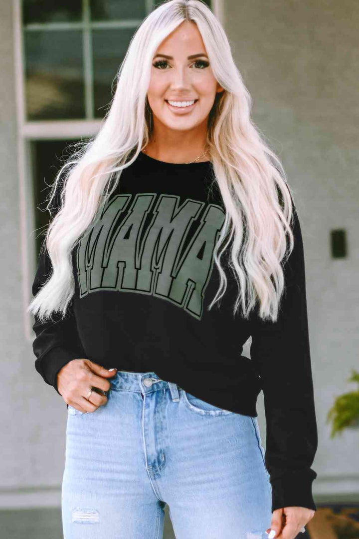 Round Neck Long Sleeve MAMA Graphic Sweatshirt |1mrk.com