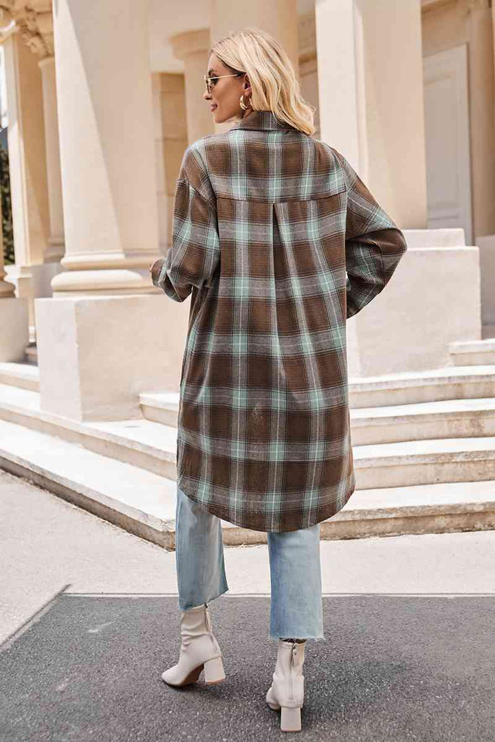 Plaid Collared Neck Long Sleeve Coat |1mrk.com