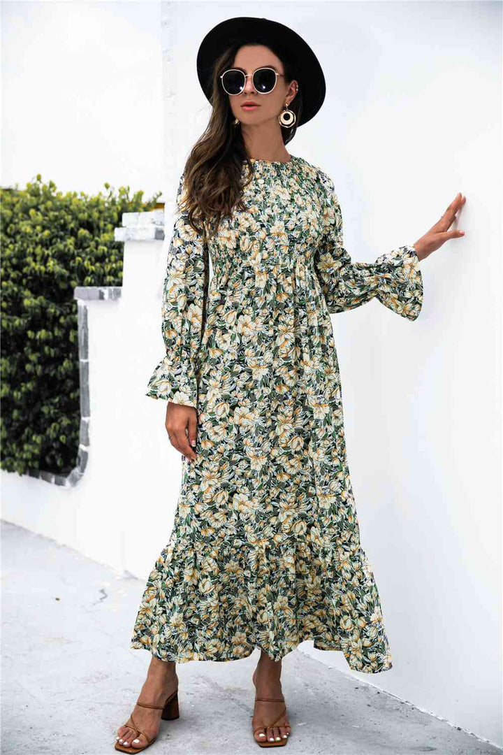 Printed Puff Sleeve Ruffle Maxi Dress |1mrk.com