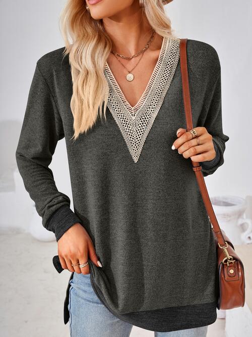 Crochet Contrast V-Neck Long Sleeve Slit T-Shirt | 1mrk.com