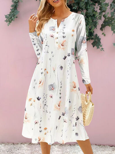 Floral Notched Long Sleeve Midi Dress |1mrk.com