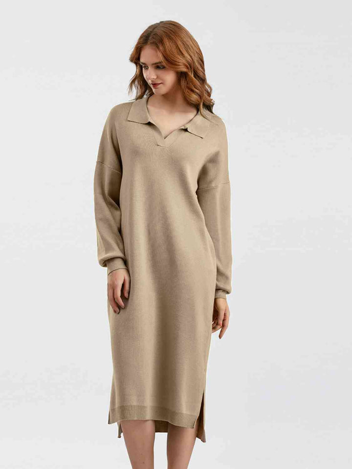 Johnny Collar Long Sleeve Slit Sweater Dress |1mrk.com