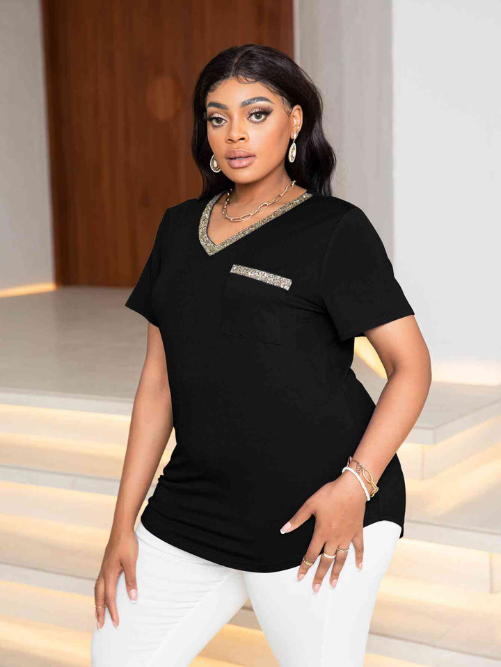 Plus Size Glitter V-Neck Short Sleeve Tee Shirt | 1mrk.com