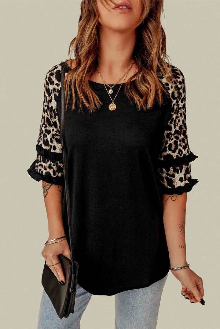 Leopard Contrast Ruffled Top | 1mrk.com