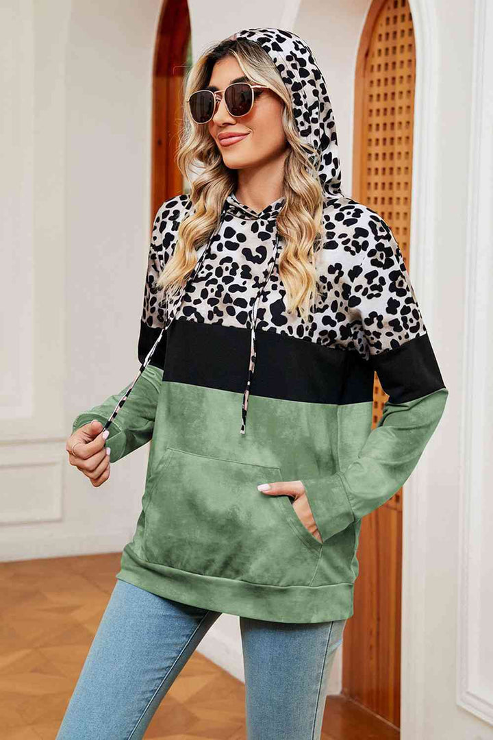 Leopard Drawstring Hoodie with Pocket |1mrk.com