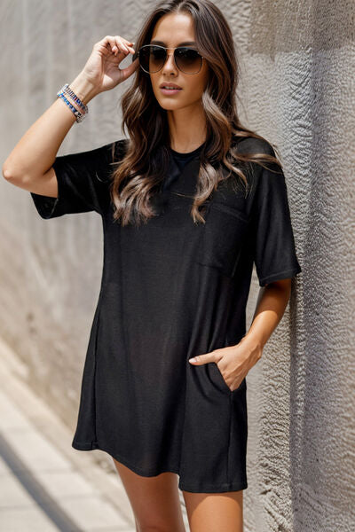 Pocketed Round Neck Short Sleeve Mini Dress |1mrk.com