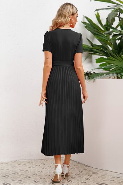 Pleated Surplice Short Sleeve Midi Dress |1mrk.com