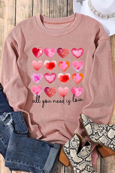 ALL YOU NEED IS LOVE Heart Round Neck Sweatshirt | Trendsi