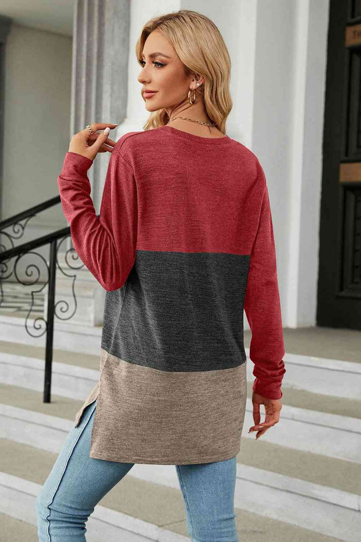Color Block Round Neck Long Sleeve Slit T-Shirt | 1mrk.com
