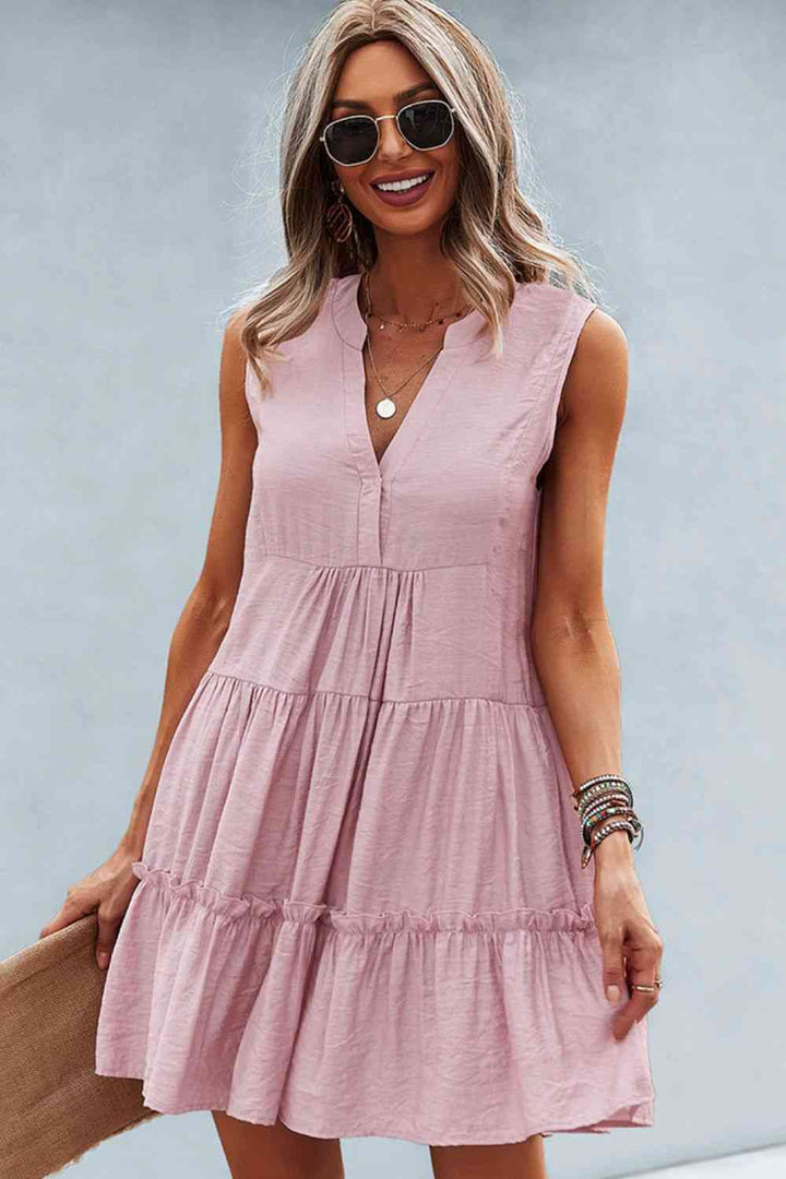 Frill Trim Notched Sleeveless Tiered Dress |1mrk.com