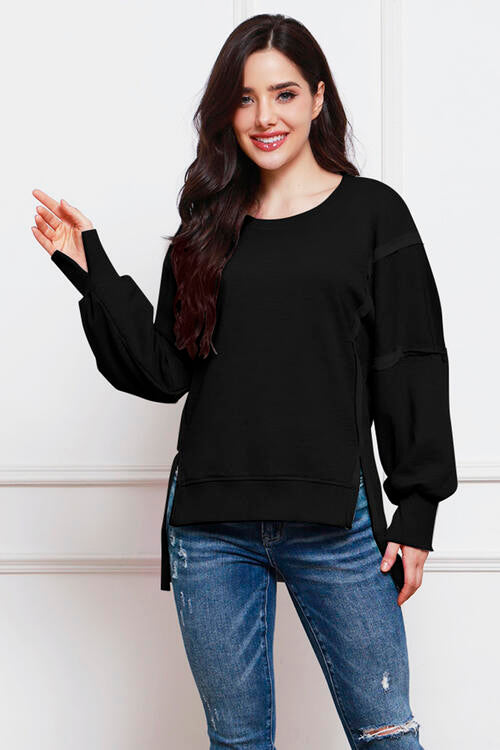 Exposed Seam High-Low Slit Sweatshirt | 1mrk.com