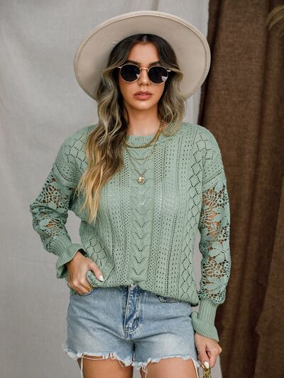 Eyelet Crochet Lantern Sleeve Sweater |1mrk.com