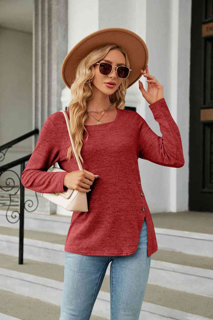 Square Neck Long Sleeve Slit T-Shirt | 1mrk.com