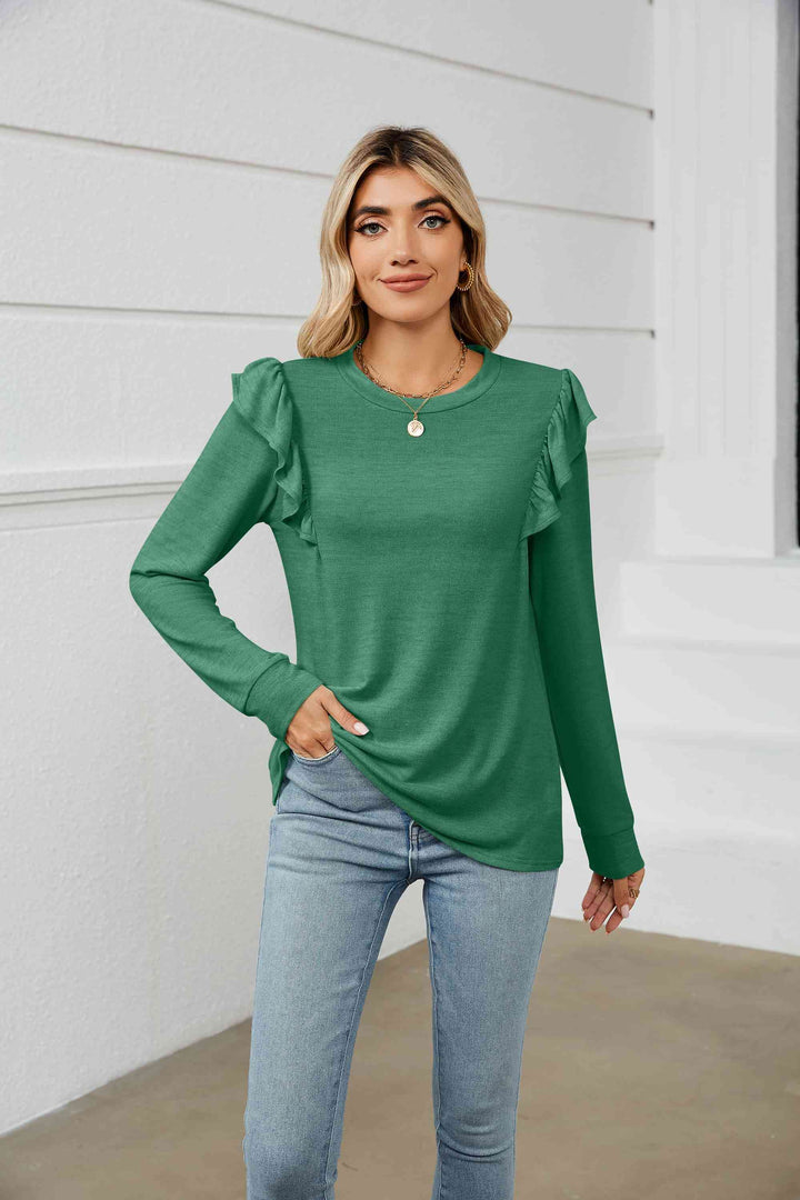 Ruffle Shoulder Long Sleeve T-Shirt | 1mrk.com