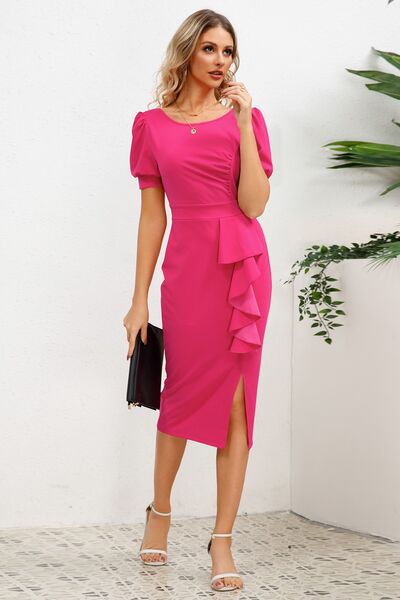 Slit Ruffled Puff Sleeve Midi Dress |1mrk.com