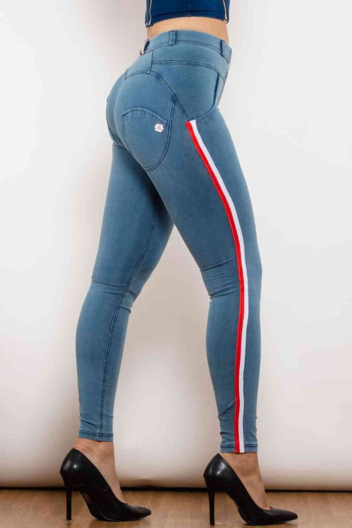 Side Stripe Contrast Buttoned Skinny Jeans | 1mrk.com
