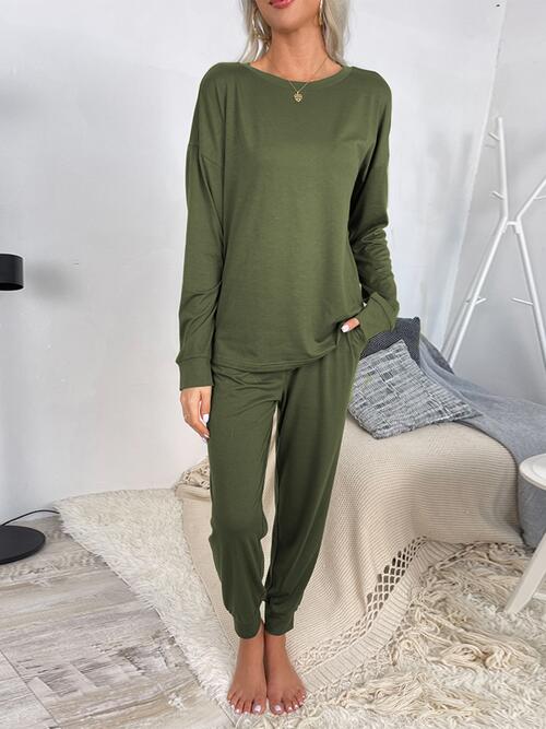 Round Neck Top and Drawstring Pants Lounge Set | 1mrk.com