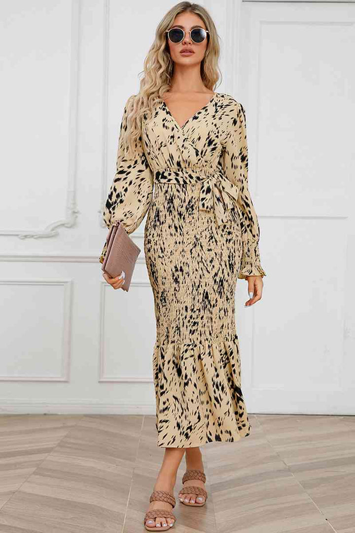 Printed V-Neck Smocked Midi Dress |1mrk.com