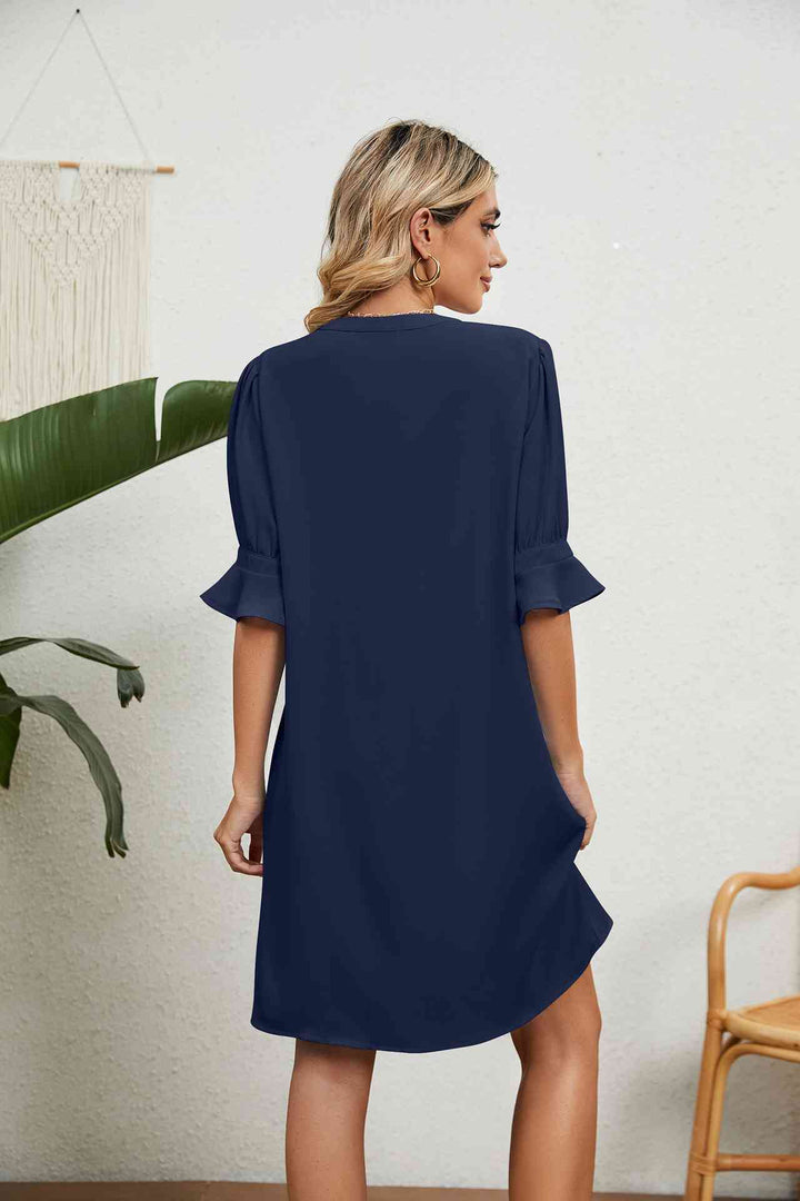 Notched Neck Flounce Sleeve Dress |1mrk.com