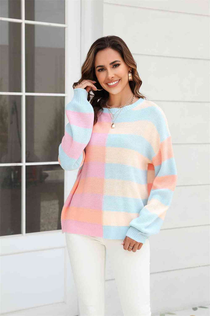 Round Neck Long Sleeve Color Block Dropped Shoulder Pullover Sweater |1mrk.com