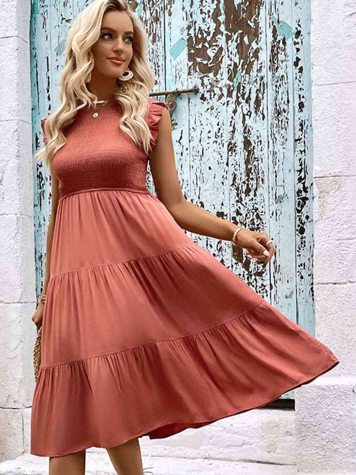 Smocked Round Neck Tiered Dress |1mrk.com