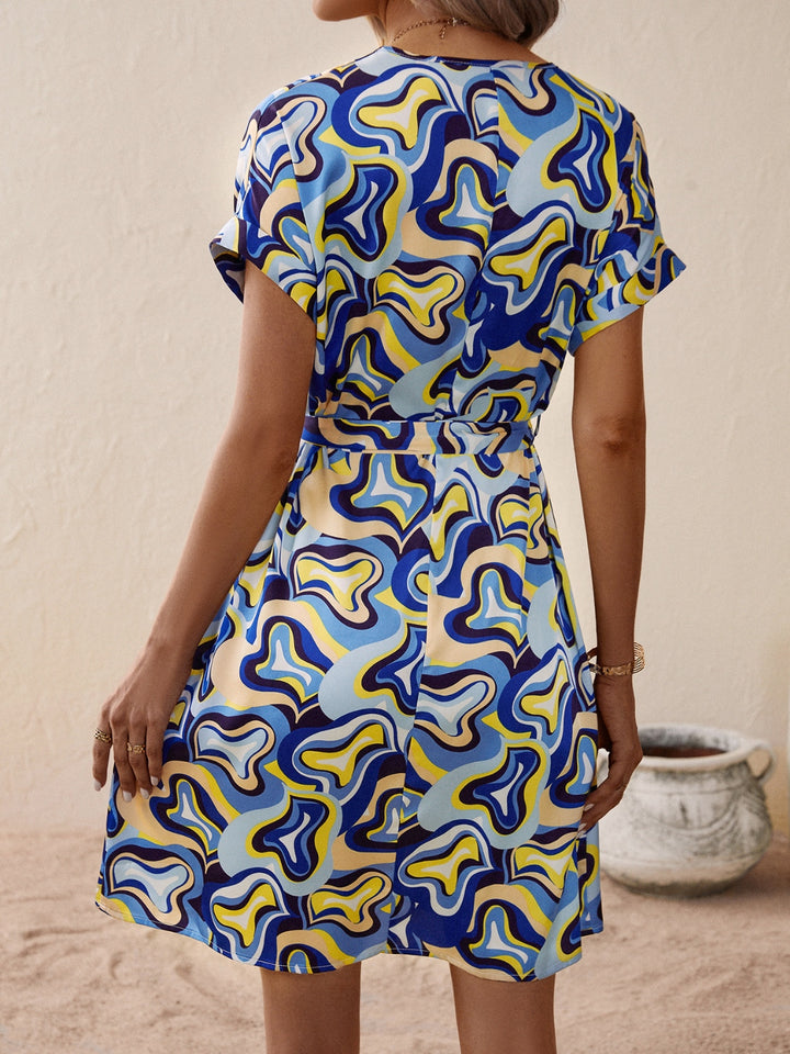 Tied Printed V-Neck Short Sleeve Dress | Trendsi