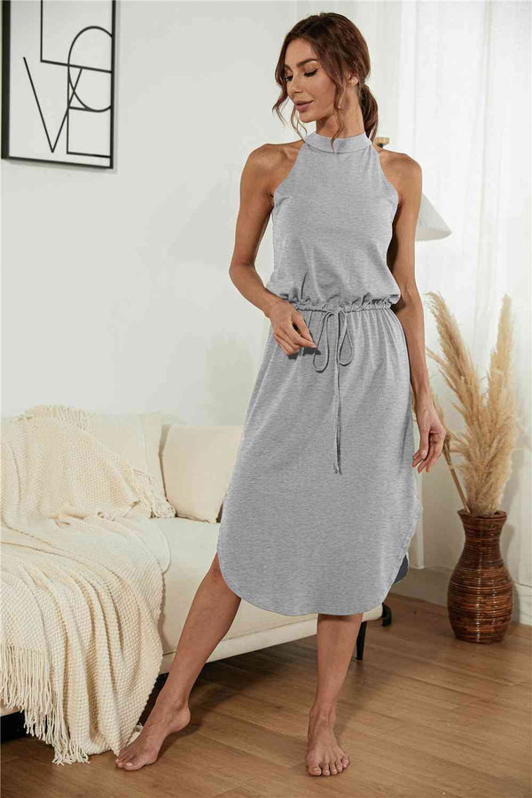 Drawstring Open Back Slit Sleeveless Dress |1mrk.com