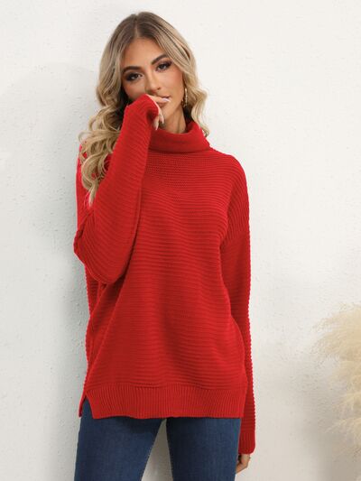 Slit Turtleneck Dropped Shoulder Sweater |1mrk.com