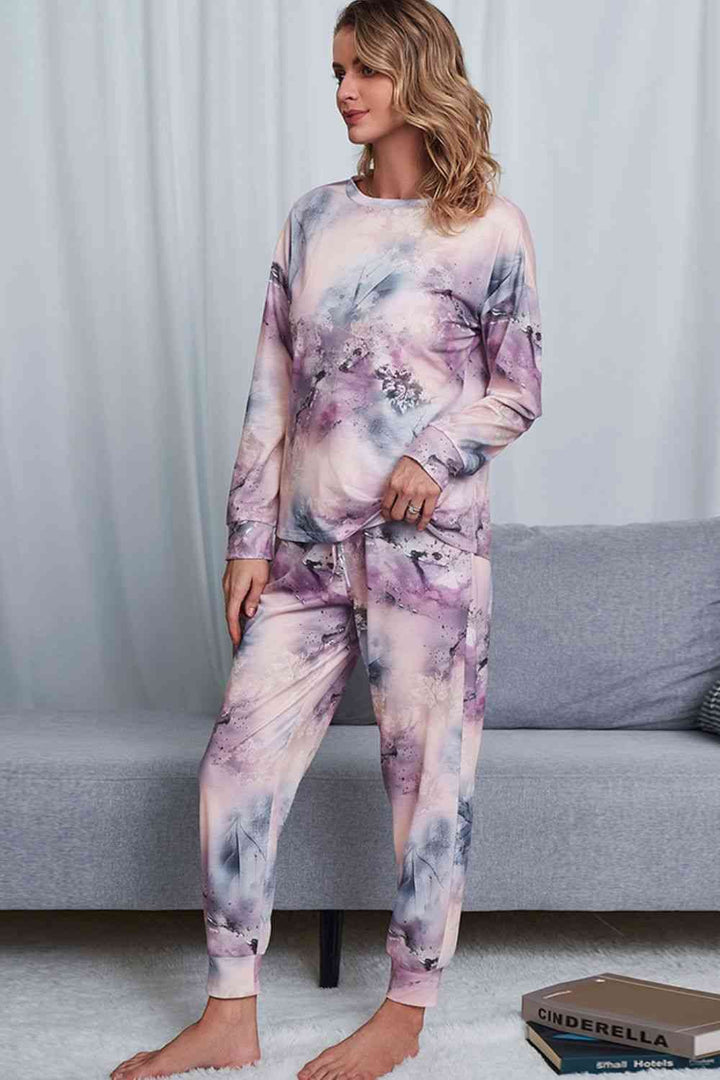 Tie-Dye Crewneck Top and Drawstring Waist Joggers Lounge Set | 1mrk.com