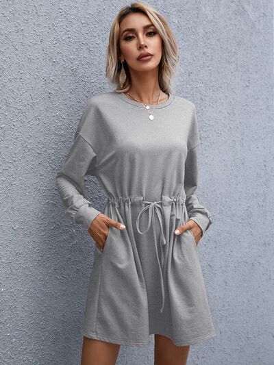 Drawstring Round Neck Dropped Shoulder Mini Dress | Trendsi