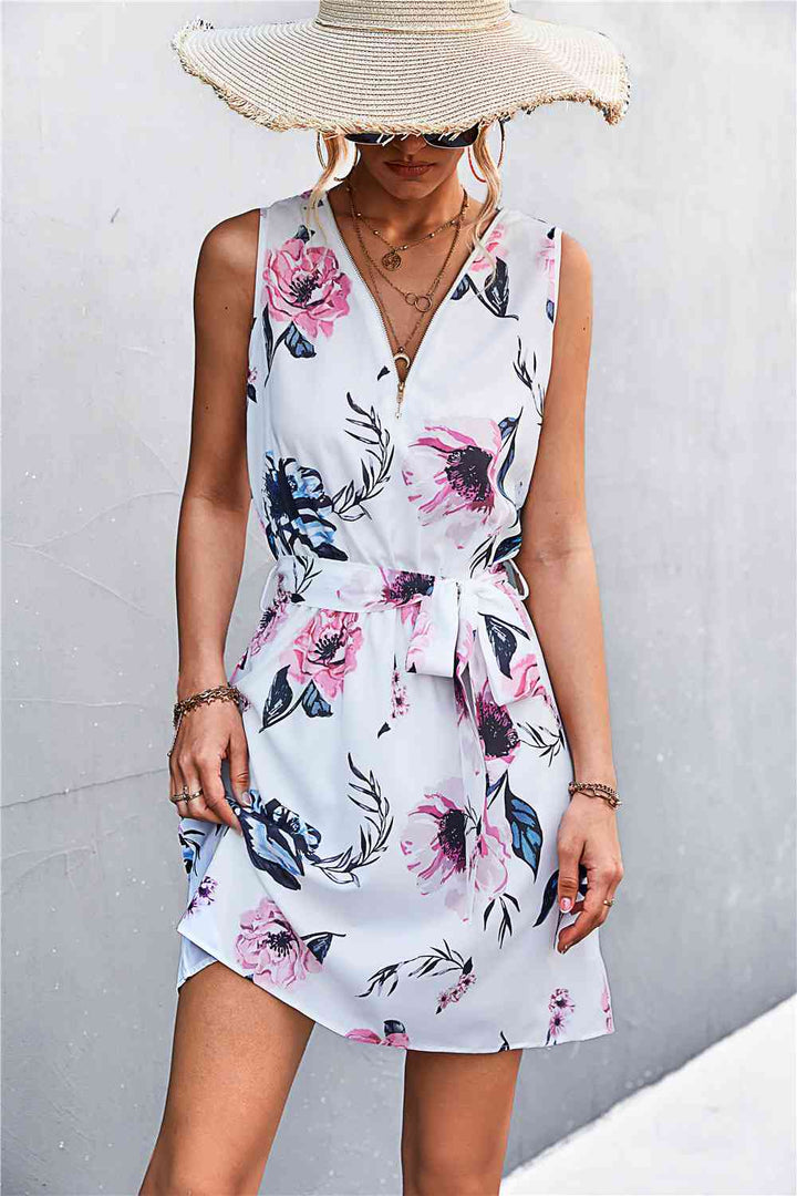 Printed Zip Detail Belted Sleeveless Dress |1mrk.com