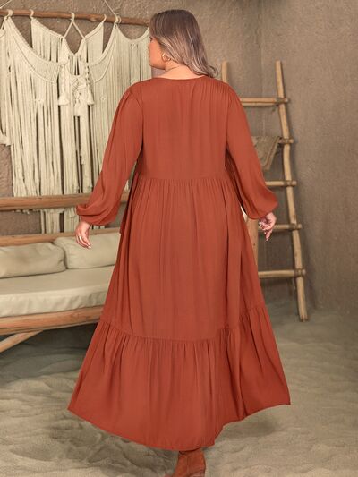 Plus Size Ruffled V-Neck Balloon Sleeve Dress |1mrk.com