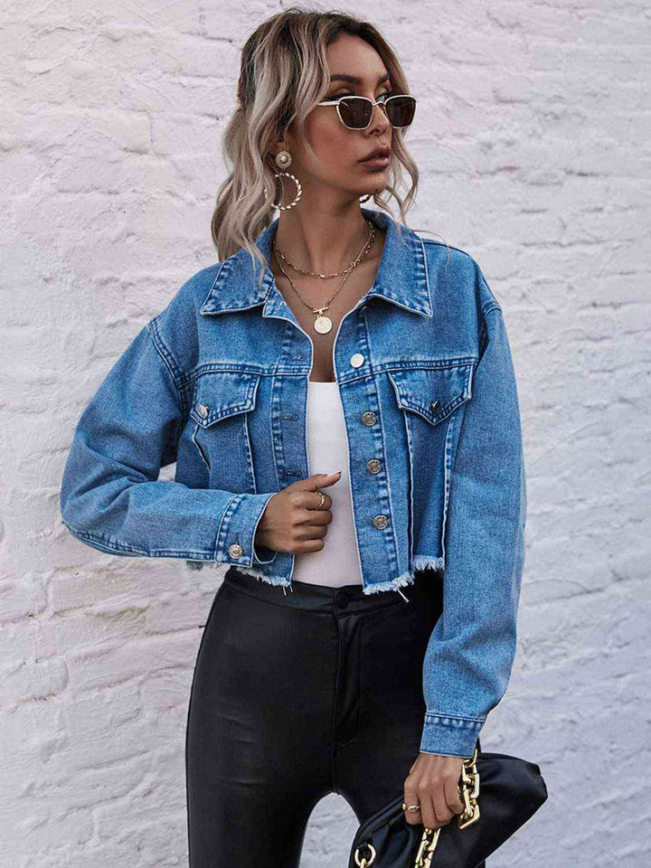 Raw Hem Collared Neck Denim Jacket | 1mrk.com